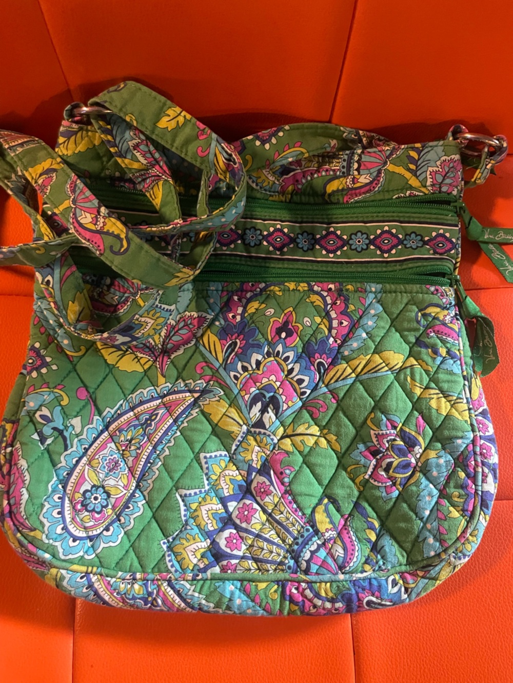 Vera Bradley Green Paisley Quilted Bag with Pink, Blue & Yellow Accents